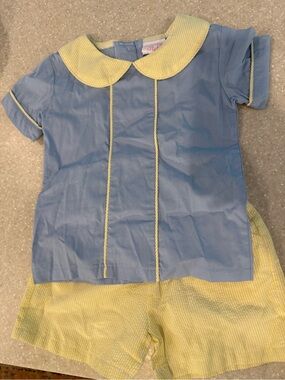 Stitchy Fish 2T Blue & Yellow Kids Matching Set with Peter Pan Collar